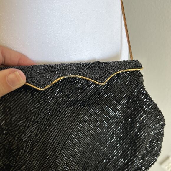 VTG BLACK Heavily BEADED EVENING purse gold trim clutch Bechamel CROSSBODY prom - Picture 9 of 15